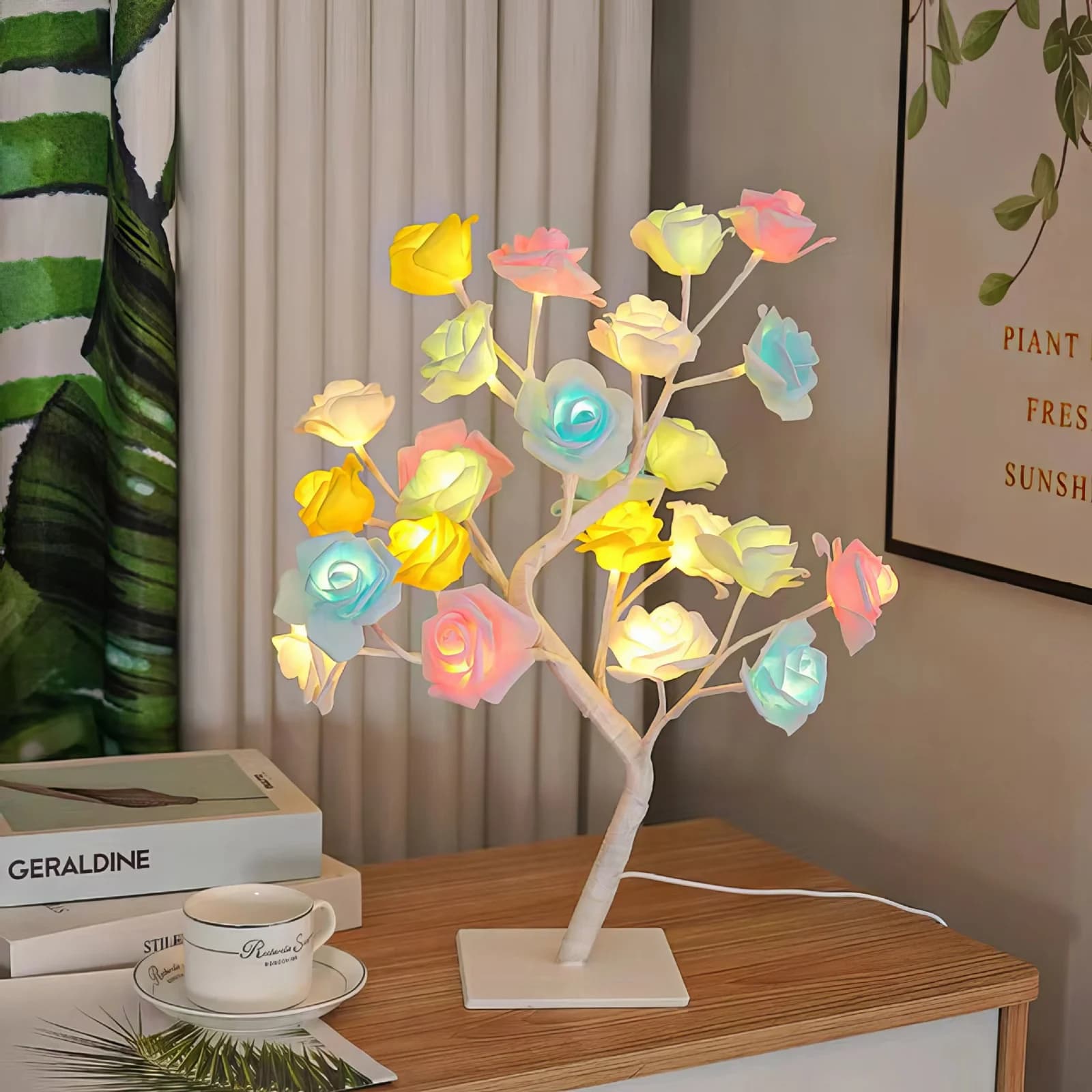 USB baroša daudzkrāsu rožu koka galda lampa