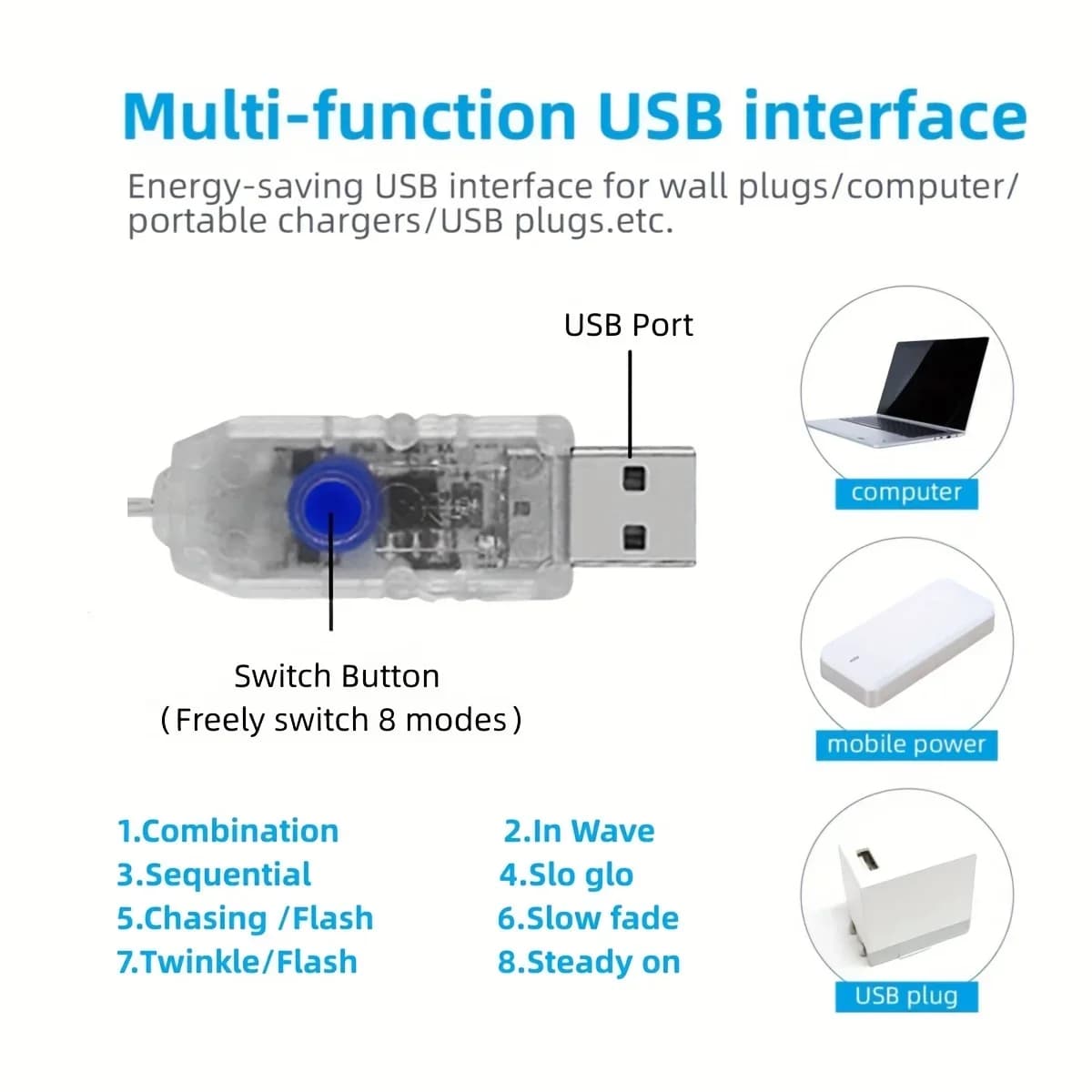 USB ūdenskrituma virknes gaismas, silta balta un krāšņa LED dekors