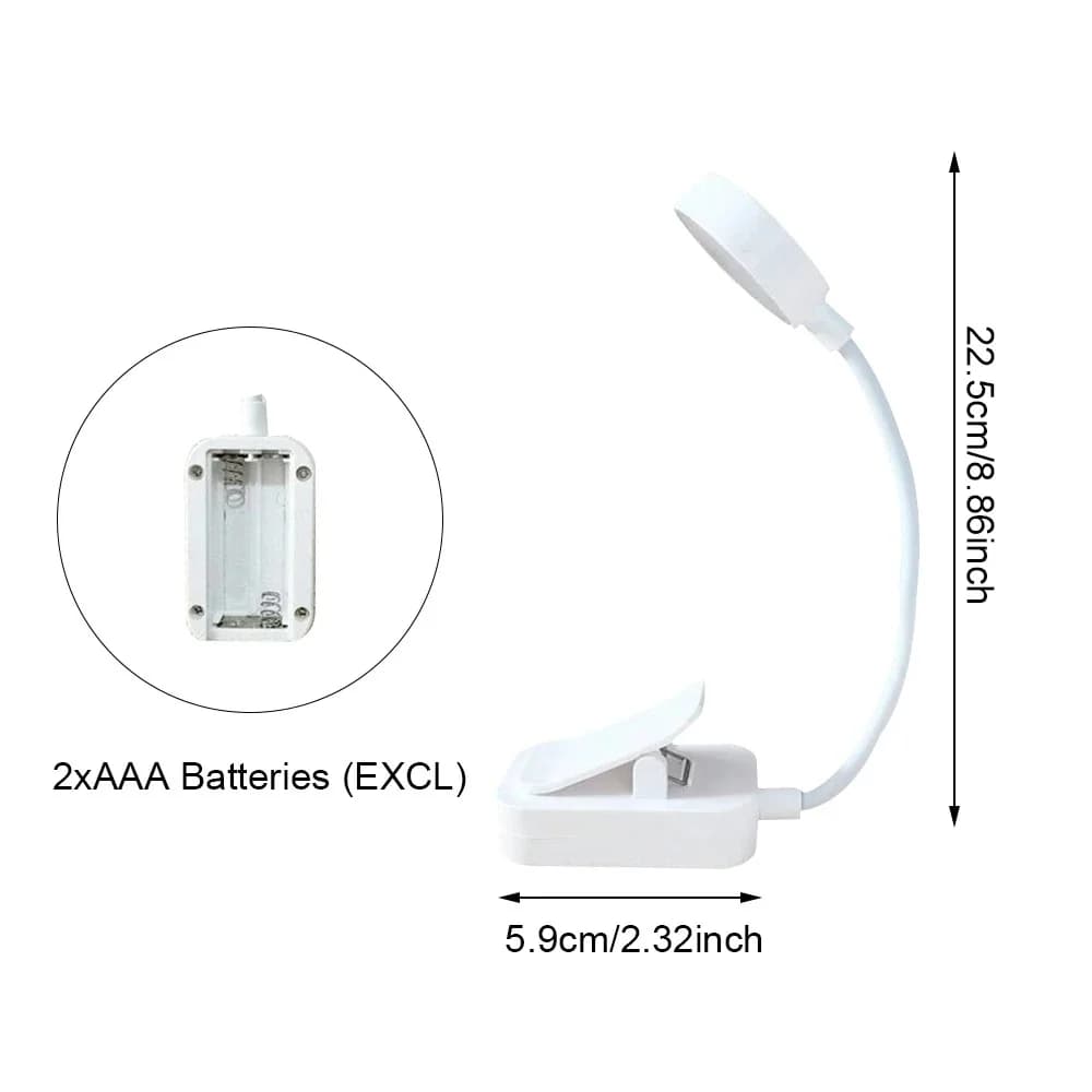 Ar bateriju darbināma pagriežama grāmatu lampa ar klipsi